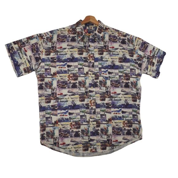 Retro 90s CHAPS Ralph Lauren Multi-Color Patchwork Boat Print Shirt Size L - Picture 1 of 5